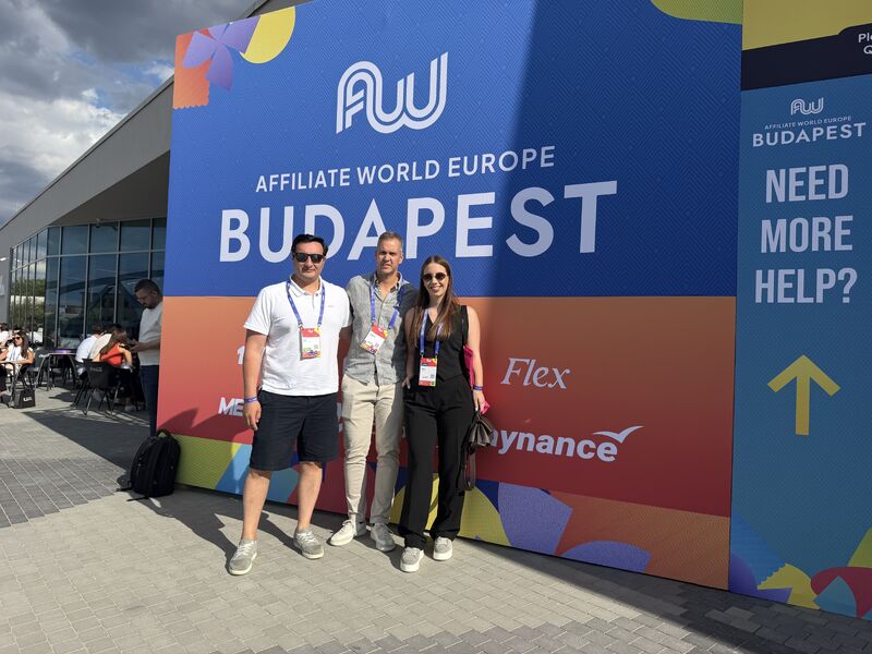 Three of the Finceptiv team outside the Affiliate World Europe venue in Budapest